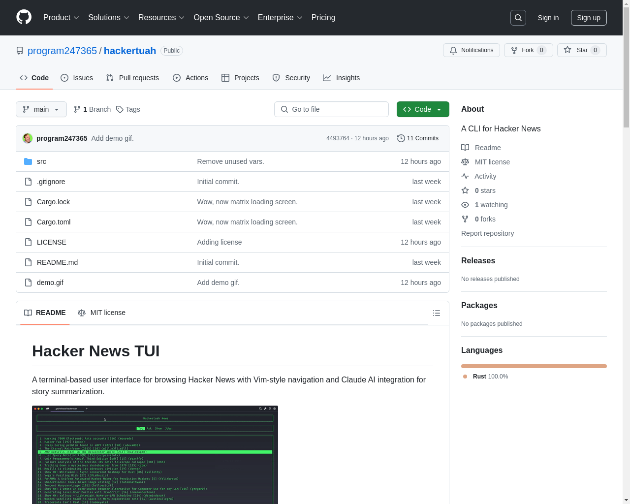 Show HN: Hackertuah: A Hacker News CLI Built in Rust - Project Screenshot