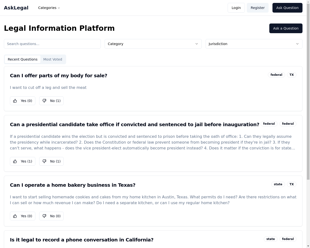 展示 HN: AskLegal – 一个用于众包法律信息问题的小应用 - 项目截图