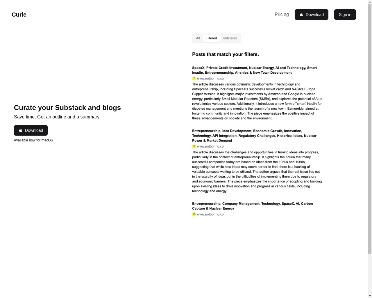 Show HN: Curie – LLMフィルターでSubstack、ブログ、およびニュースをキュレーションしよう - プロジェクトのスクリーンショット