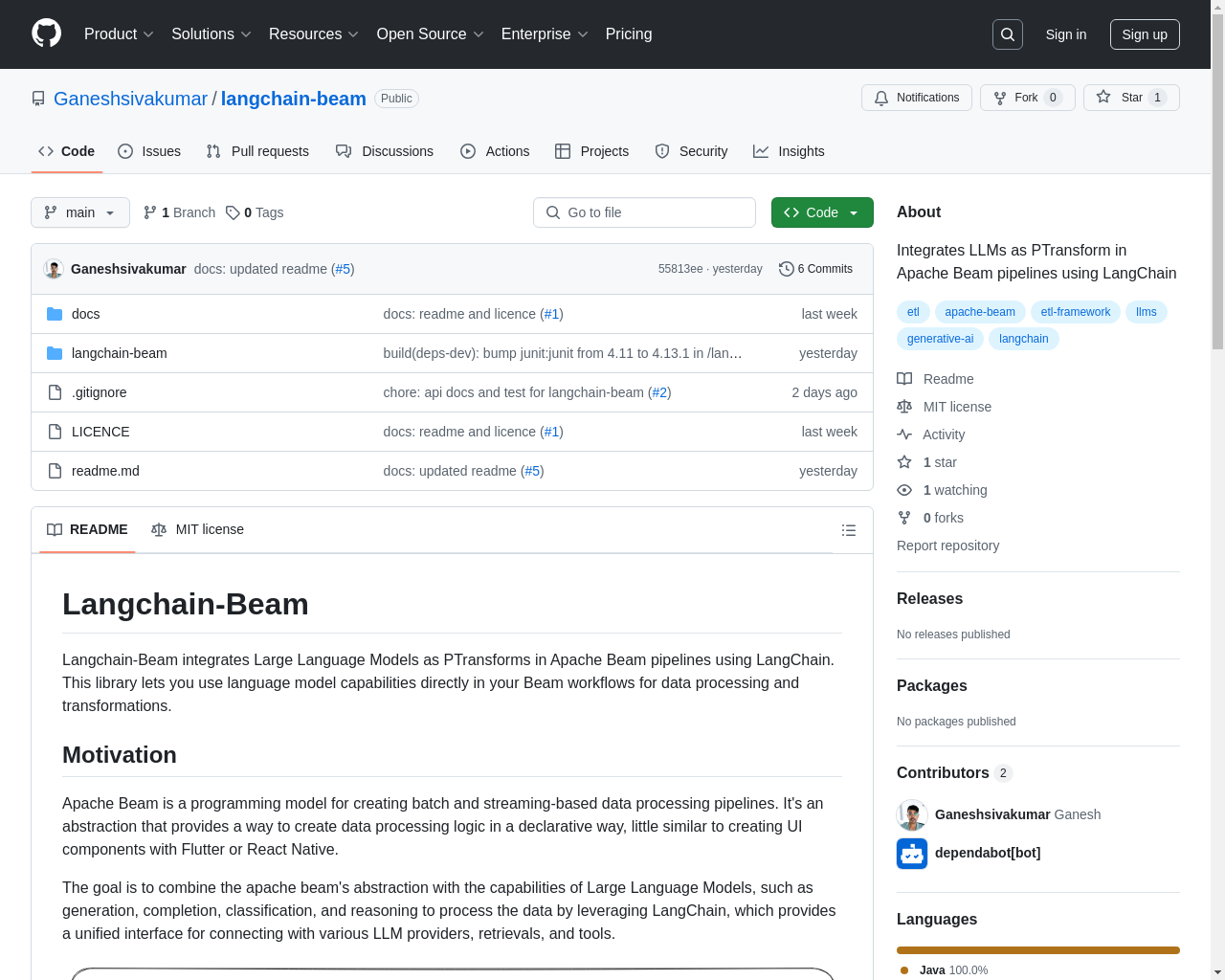 Show HN: Langchian-Beam,integrates LLMs into Apache beam pipeline with Langchian - Project Screenshot