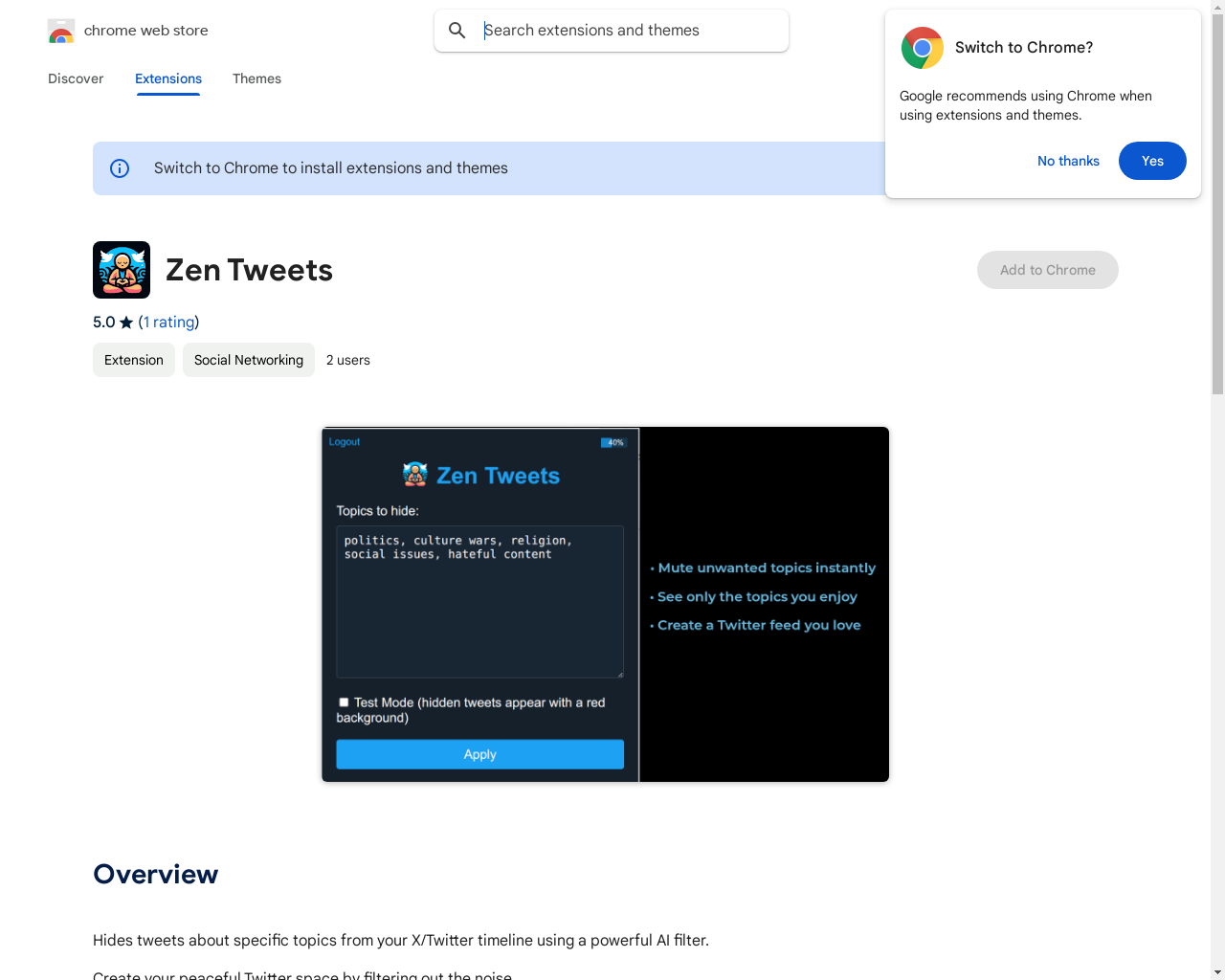 Show HN: Zen Tweets – Chrome Extension to Hide Unwanted Twitter Topics - Project Screenshot