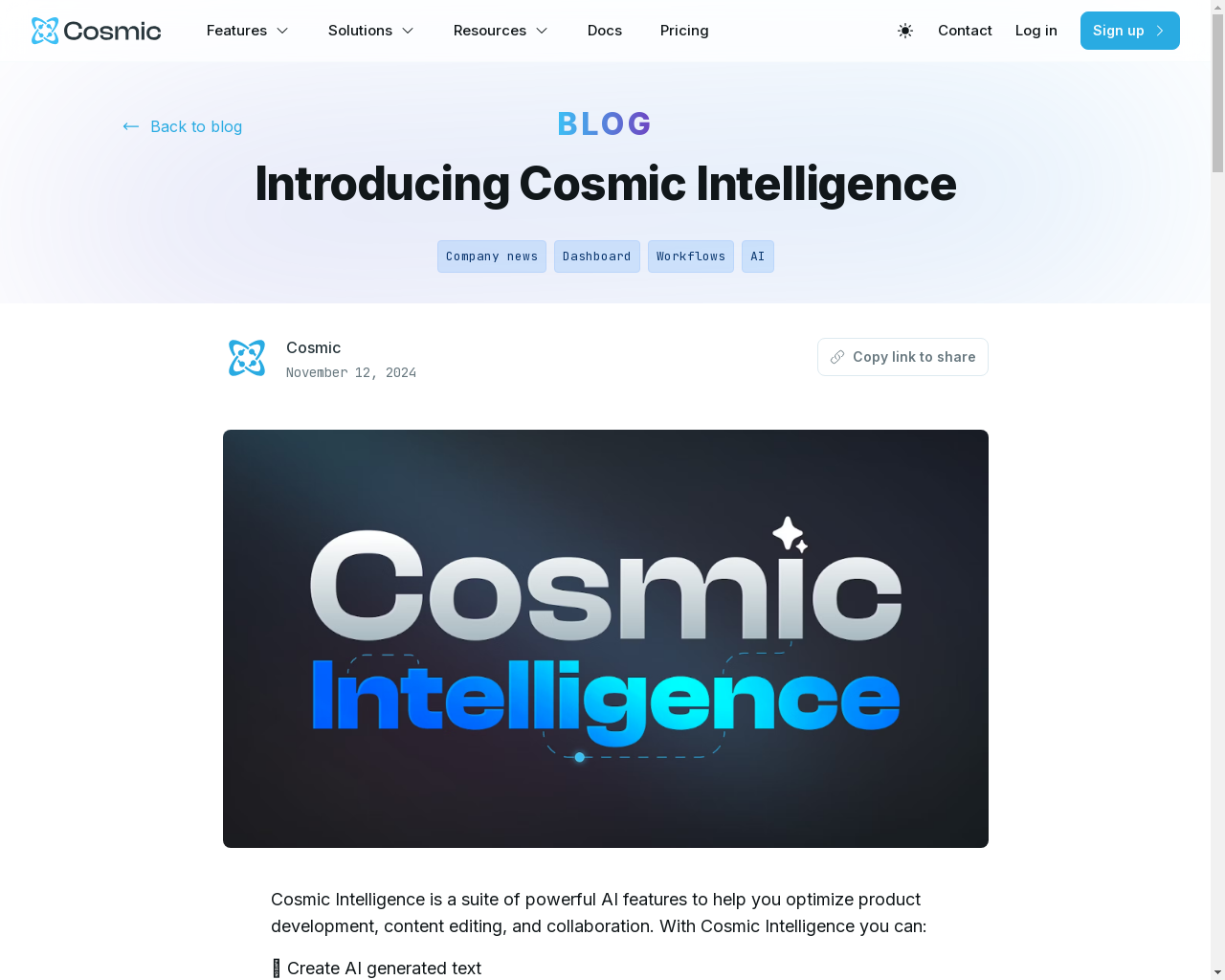 Show HN: Cosmic Intelligence – 一套为 Cosmic CMS 提供的 AI 功能。 - 项目截图