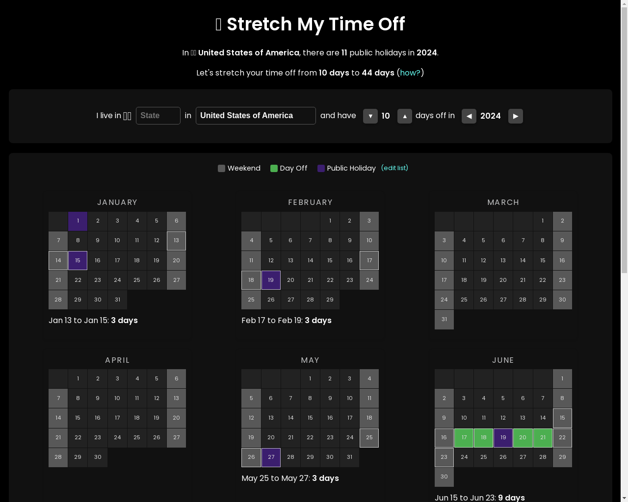 在 Show HN 上：Stretch My Time Off – 一种优化休假天数的算法 - 项目截图