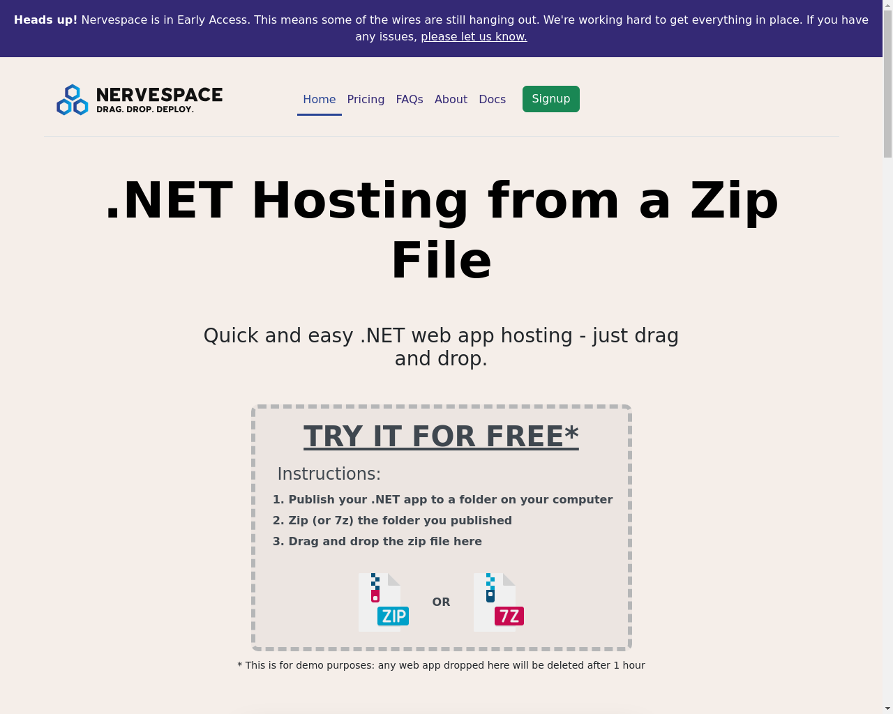 Show HN: Nervespace – ZIPファイルからの.NETホスティング - プロジェクトのスクリーンショット