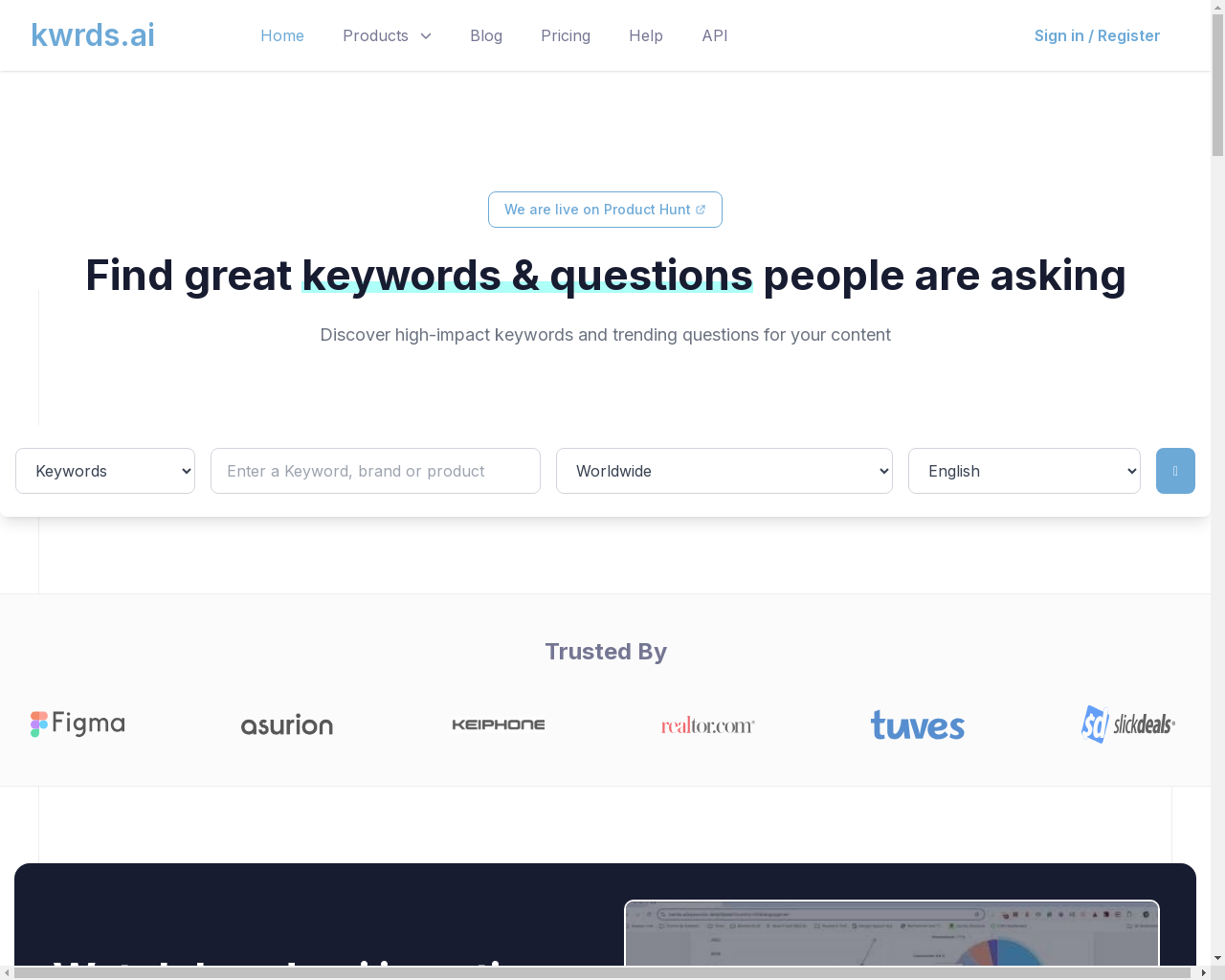 Show HN: Kwrds AI – Find great keywords and questions people are asking - Project Screenshot