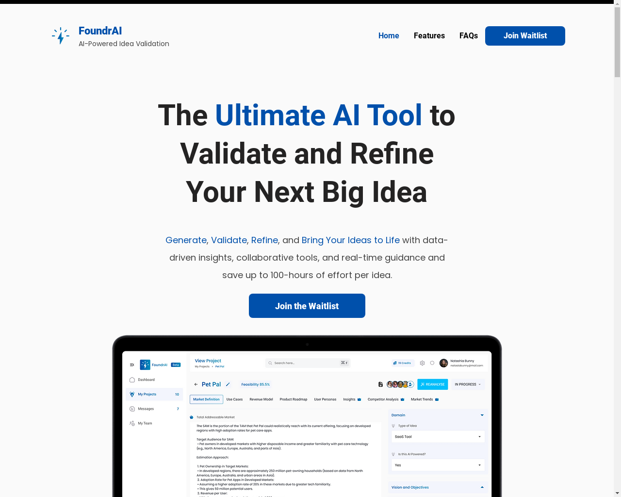Show HN: FoundrAI – AI-Powered Idea Validation for Startups - Project Screenshot
