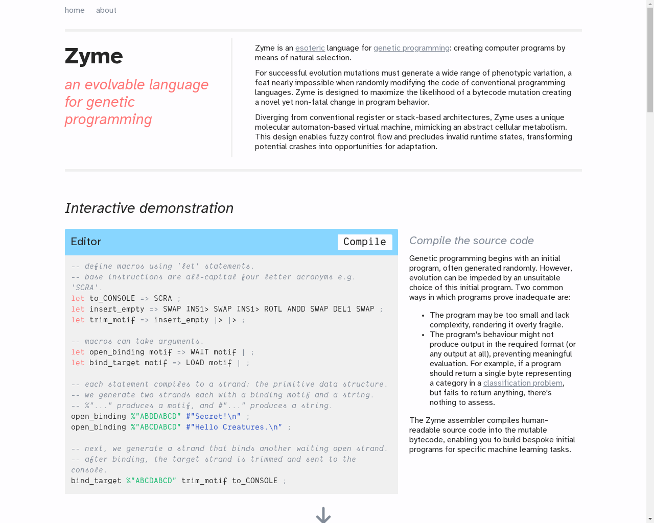 Show HN: Zyme – An Evolvable Programming Language - Project Screenshot