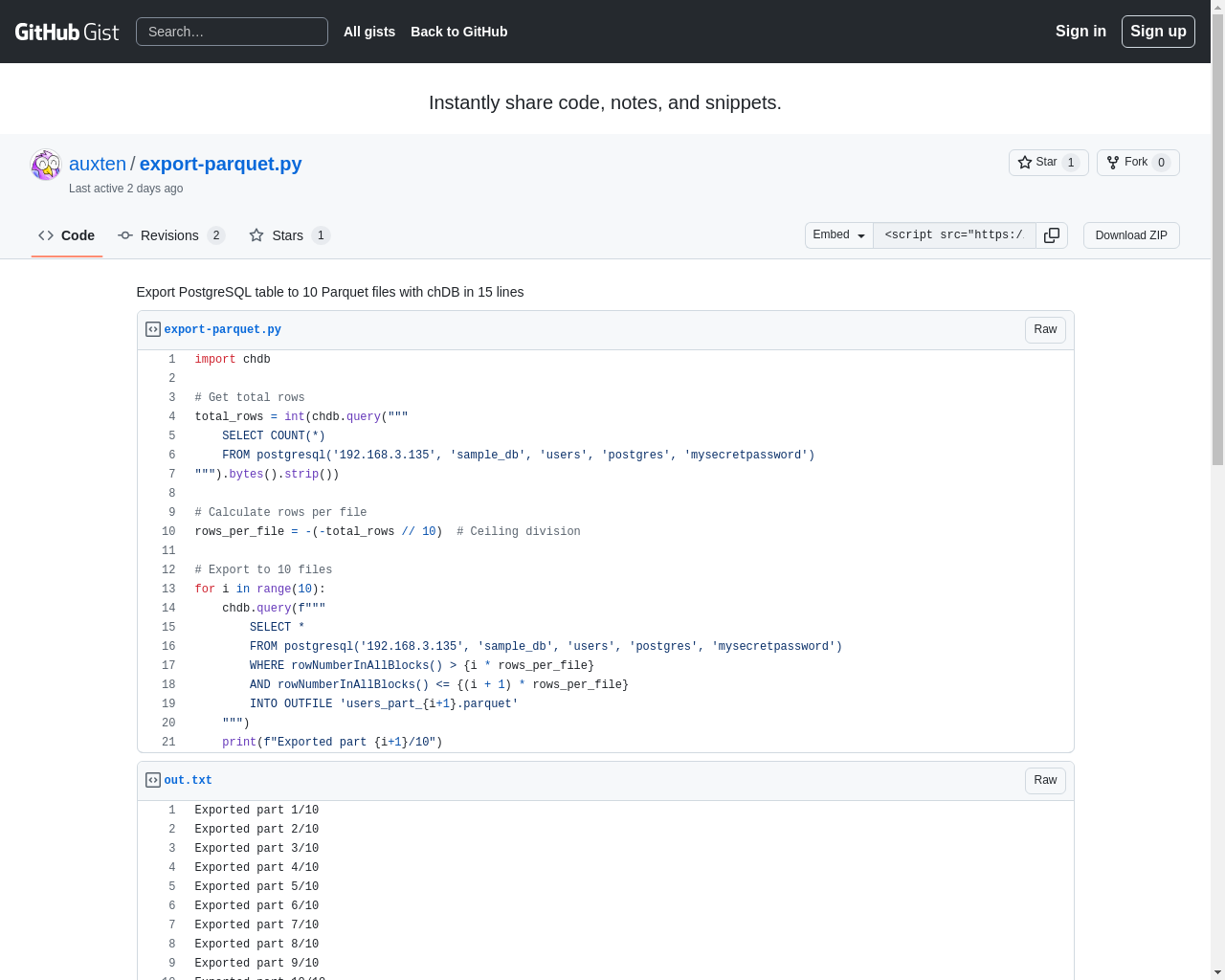 Show HN: Export PostgreSQL table to 10 Parquet files with chDB in 15 lines - Project Screenshot