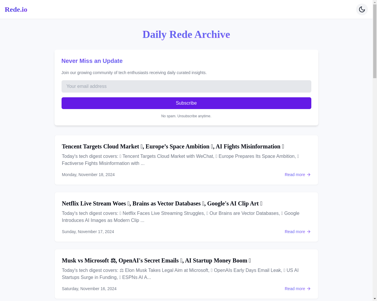 Show HN: Rede.io – Catch Up with Our New Newsletter Archive (Built with Next.js) - Project Screenshot