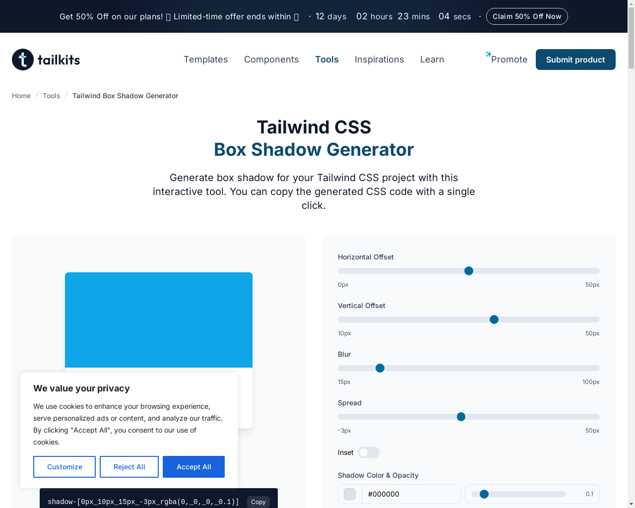 Show HN: Tailwind Box Shadow Generator - Project Screenshot