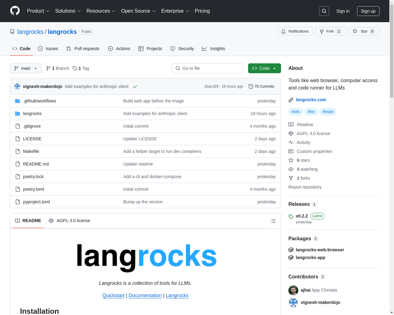 Show HN: Langrocks - 供 LLM 代理使用的工具，如计算机访问、浏览器等。 - 项目截图