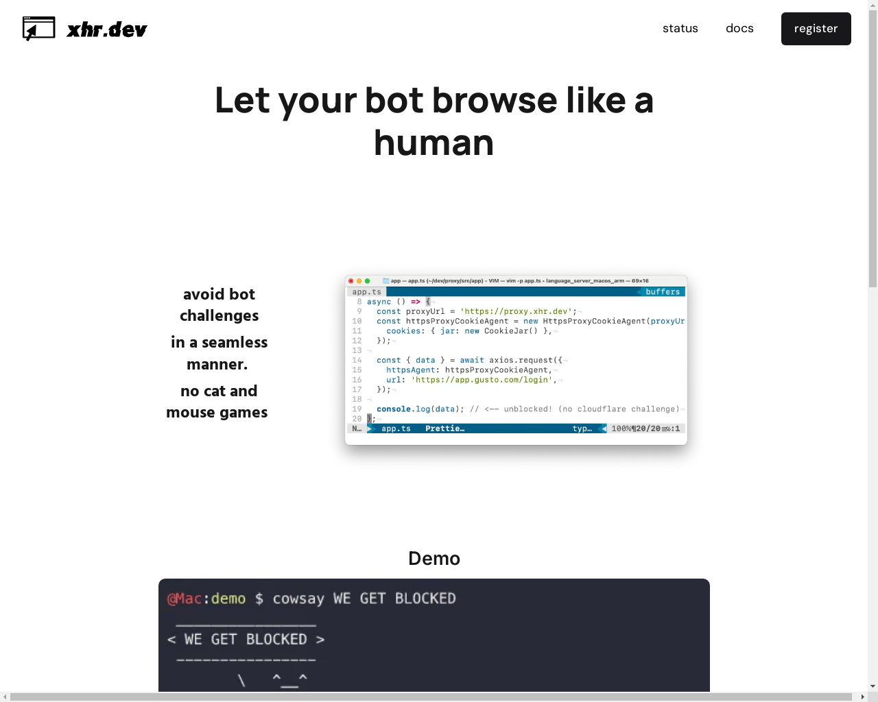 Show HN: XHR 反机器人绕过 (xhr.dev) - 项目截图
