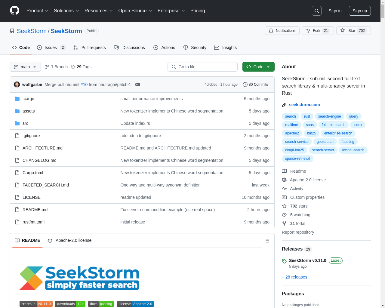 Show HN: SeekStorm – open-source sub-millisecond search in Rust - Project Screenshot