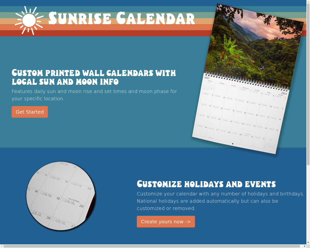 Show HN: Sunrise Calendar: custom printed calendar with sun and moon info - Project Screenshot