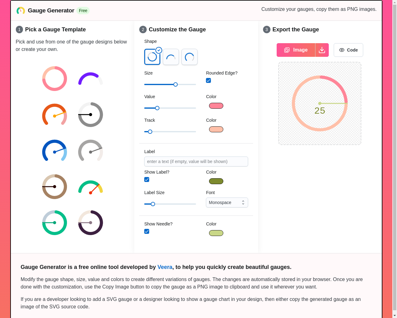 Show HN: Create Custom Gauge Charts for Dashboard UI – Download as PNG or Code - Project Screenshot