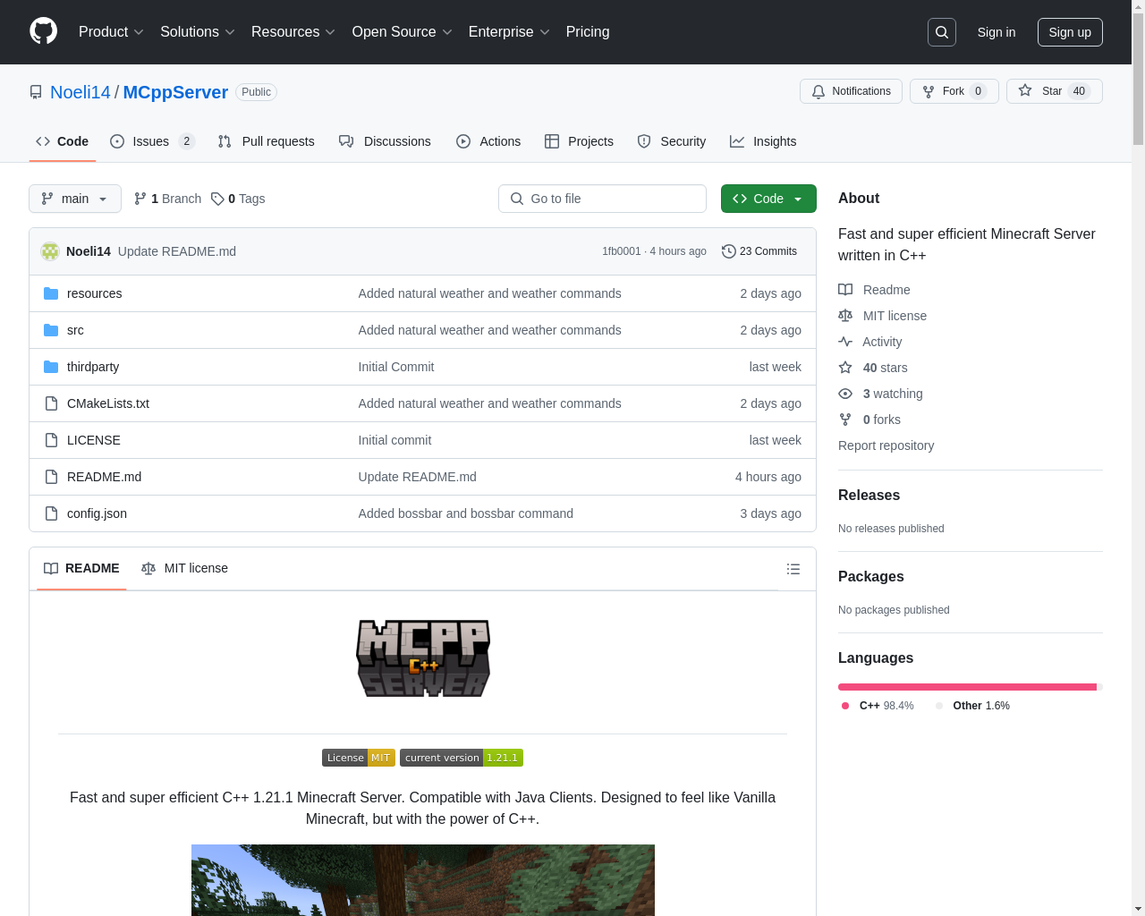Show HN: MCpp 服务器 - 一个使用 C++ 编写的快速高效的 Minecraft 服务器 - 项目截图