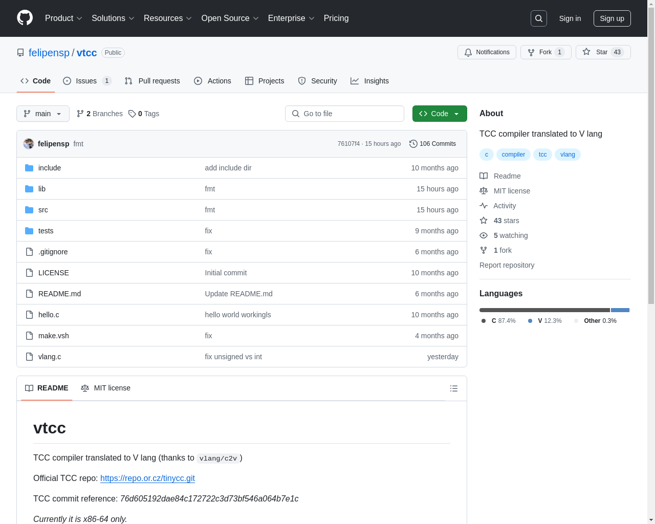 展示 HN：Vtcc，TCC 编译器翻译为 V 语言 - 项目截图