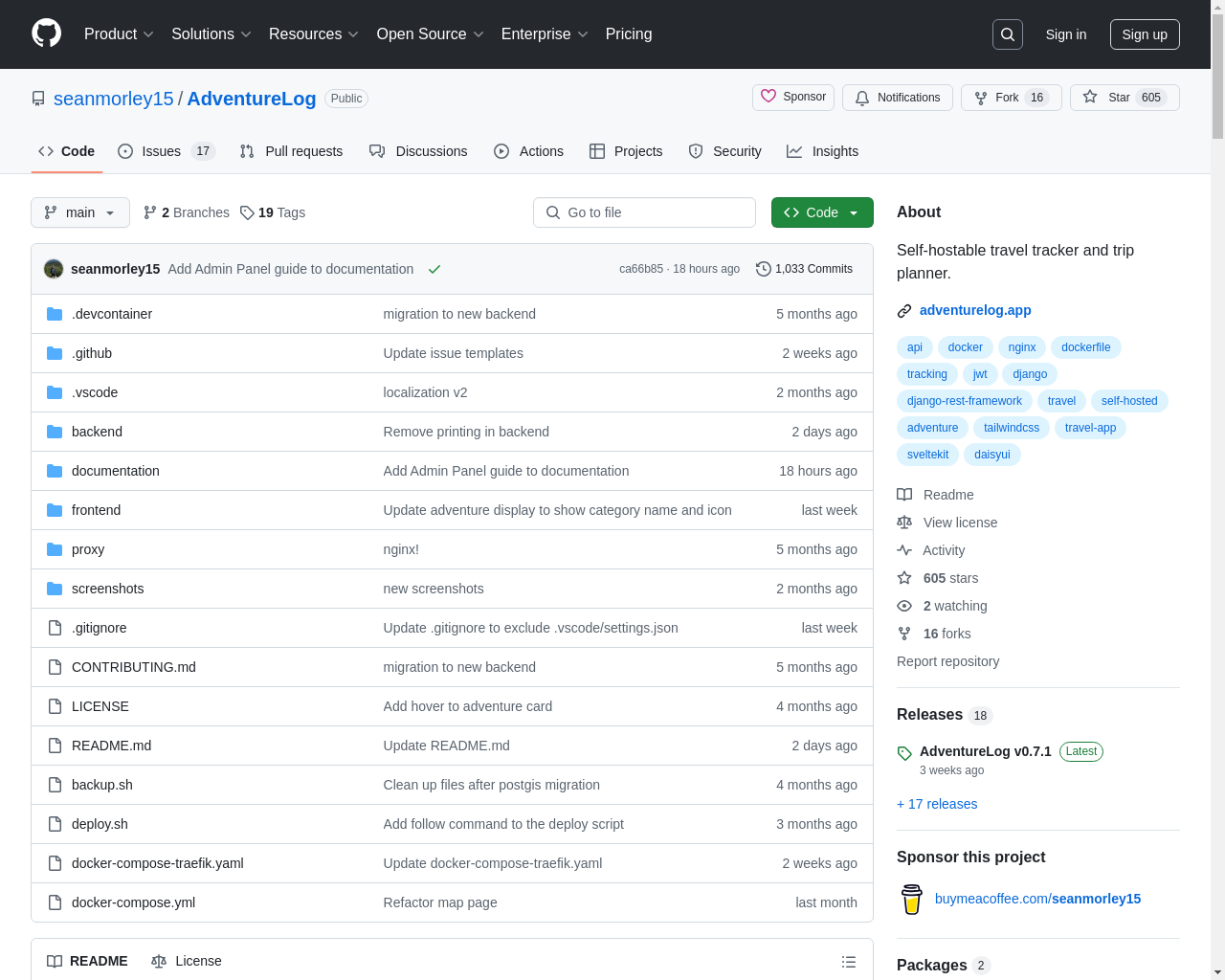 Show HN: AdventureLog – 我通过制作一个自托管的旅行应用，学会了全栈开发。 - 项目截图