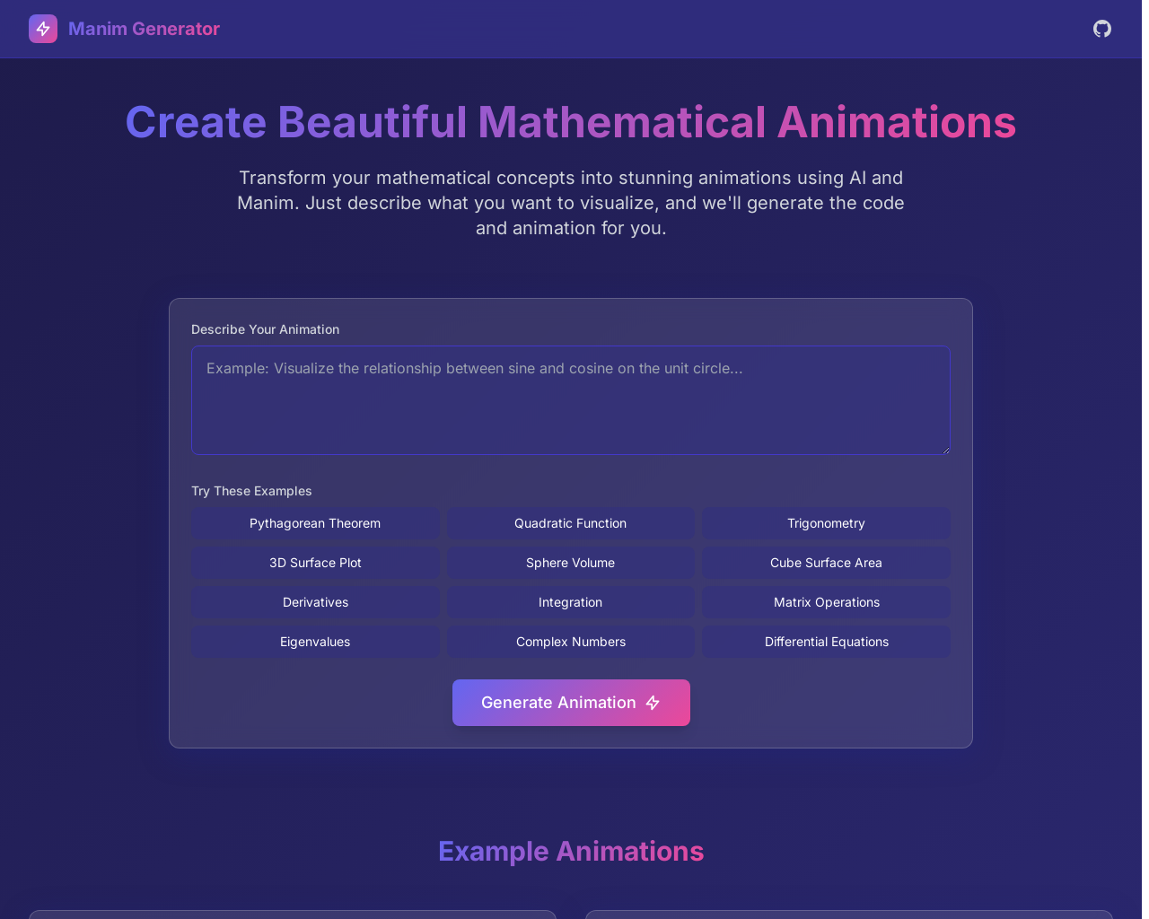 展示 HN：我开发并部署了 Manim 视频生成 AI 应用程序 - 项目截图