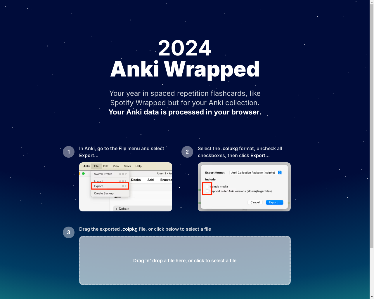 Show HN: Anki Wrapped – 你的 Anki 年度总结，就像 Spotify Wrapped 一样 - 项目截图