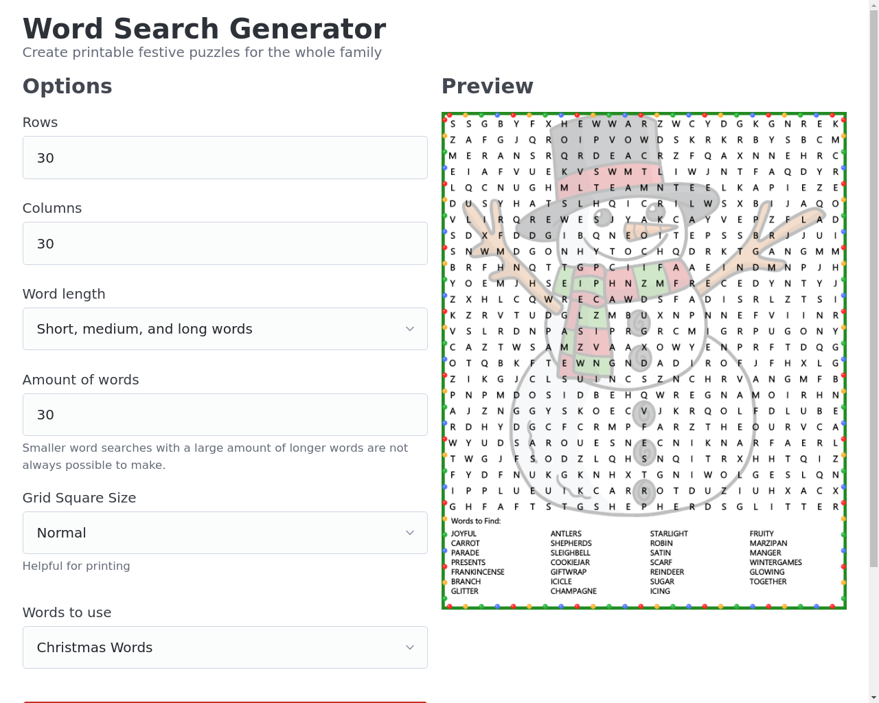 Show HN: Christmas themed word search generator - Project Screenshot