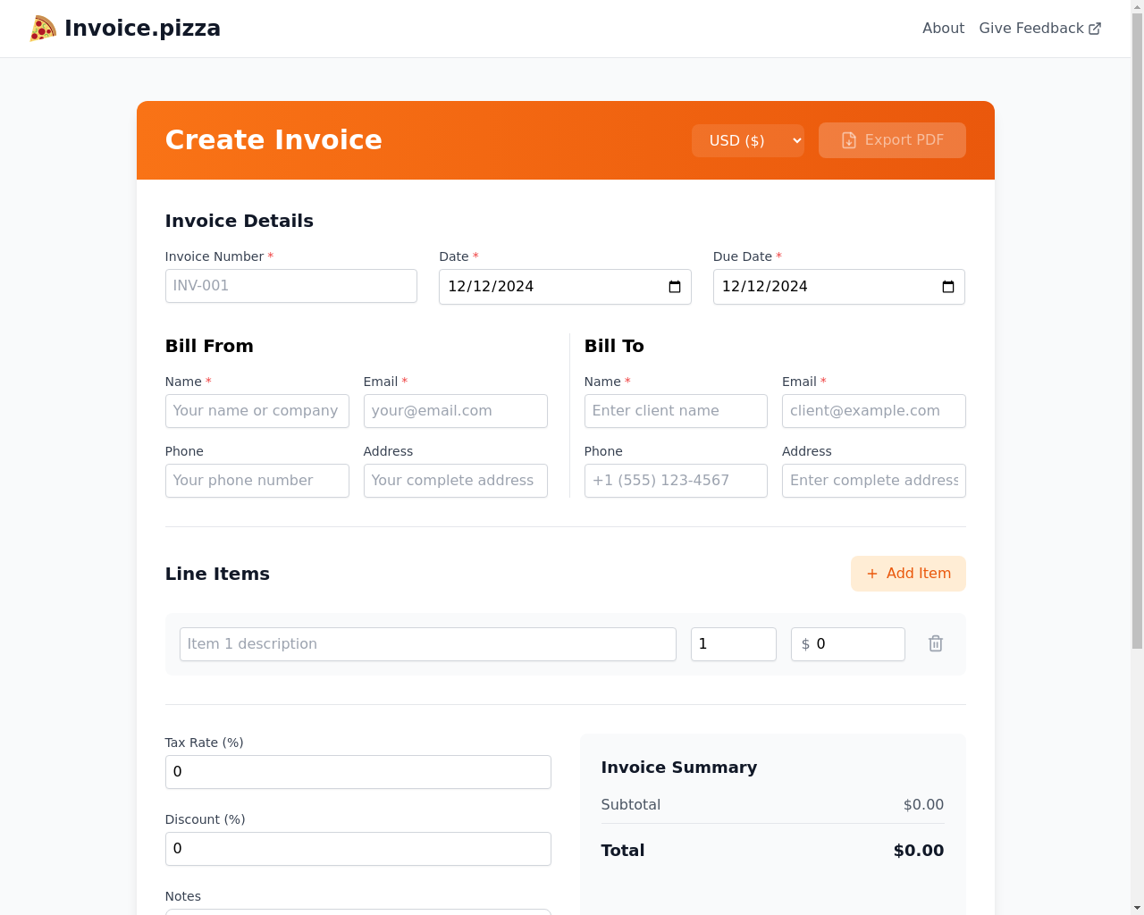 Show HN: Invoice.pizza – invoice creation delightfully simple - Project Screenshot