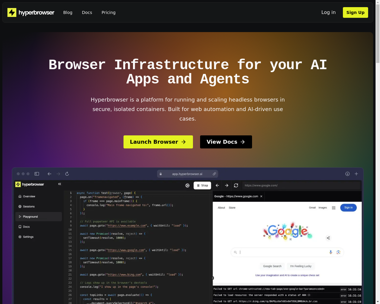 Show HN: Hyperbrowser – Scalable Browser Infrastructure for AI Apps - Project Screenshot