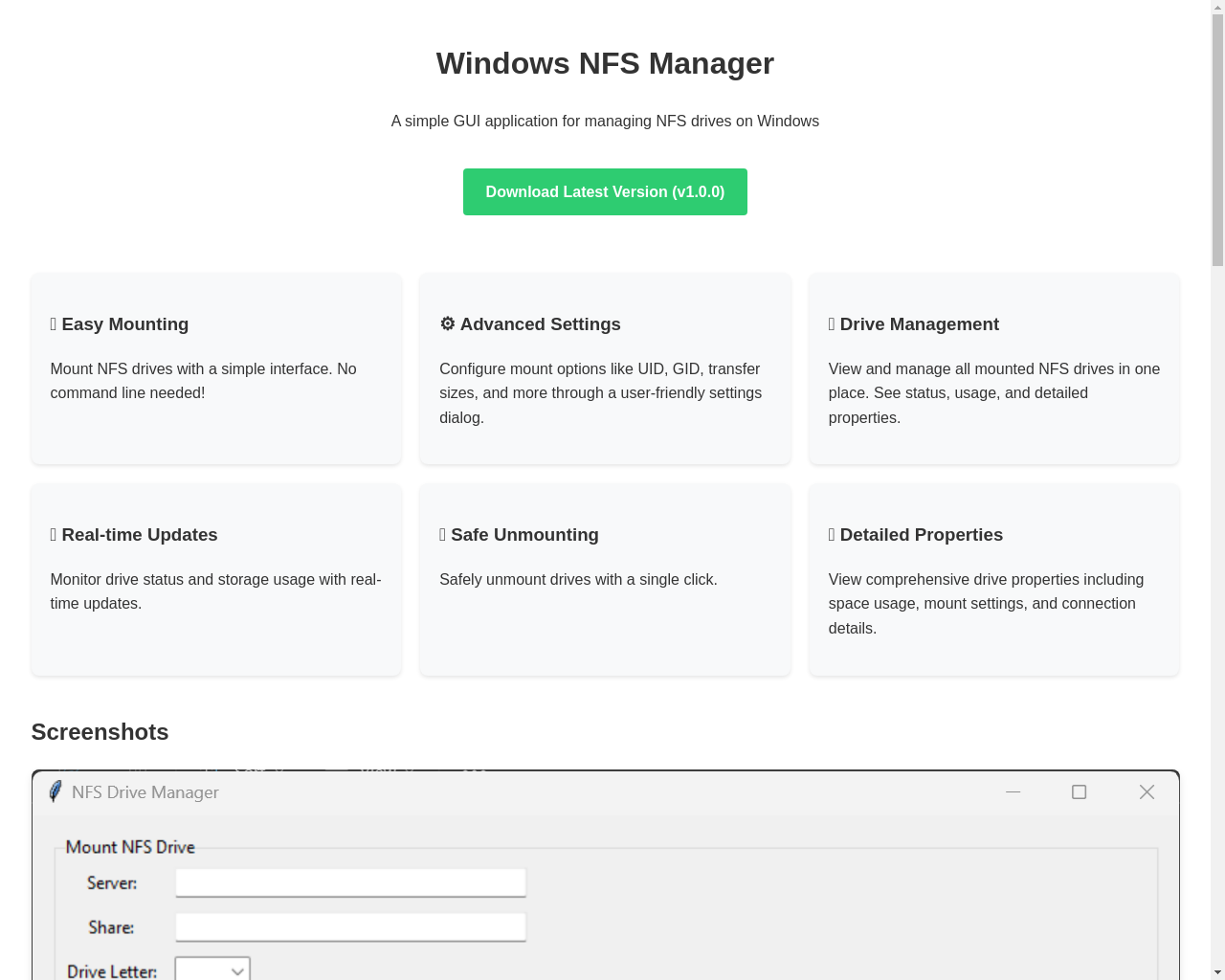 Show HN: Windows NFS Manager – NFSドライブのマウントと管理のためのGUI - プロジェクトのスクリーンショット