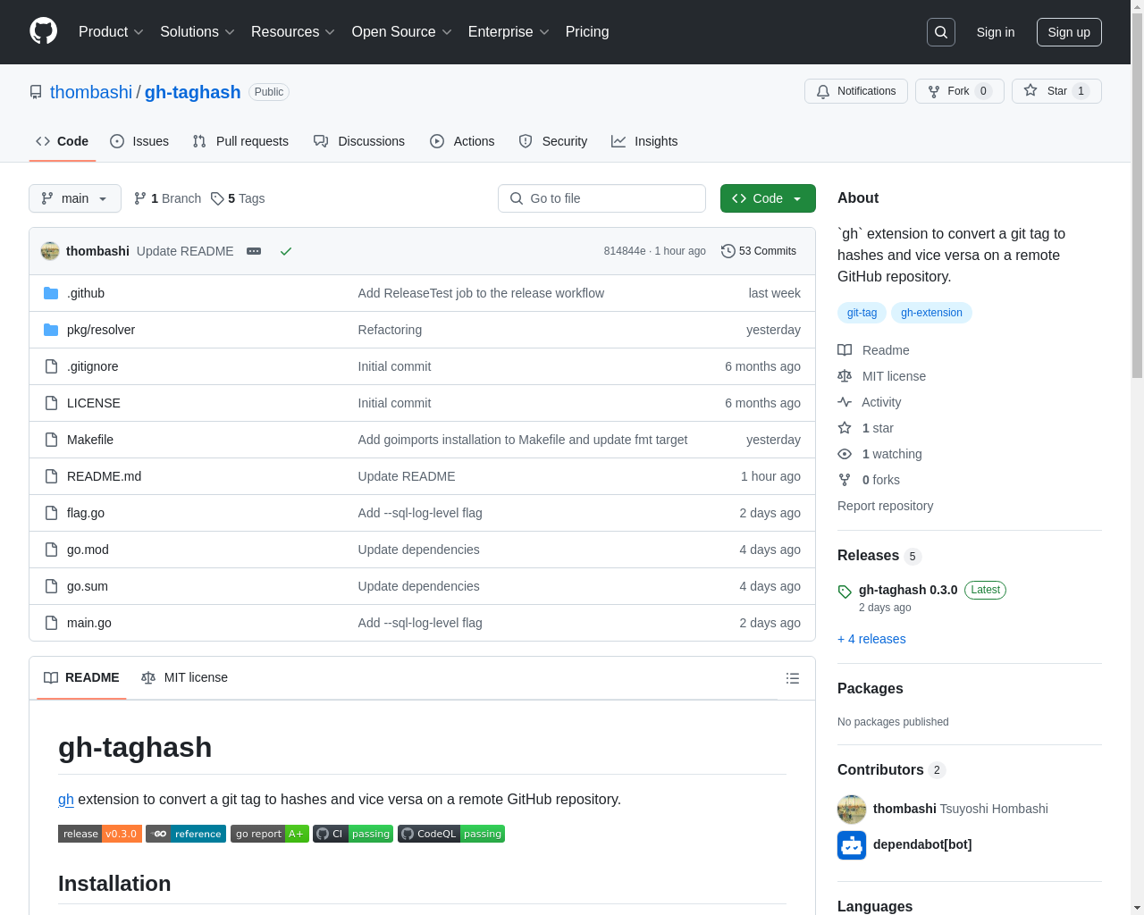 Show HN: Git タグをハッシュに変換するための Gh 拡張機能と、その逆の機能について。 - プロジェクトのスクリーンショット