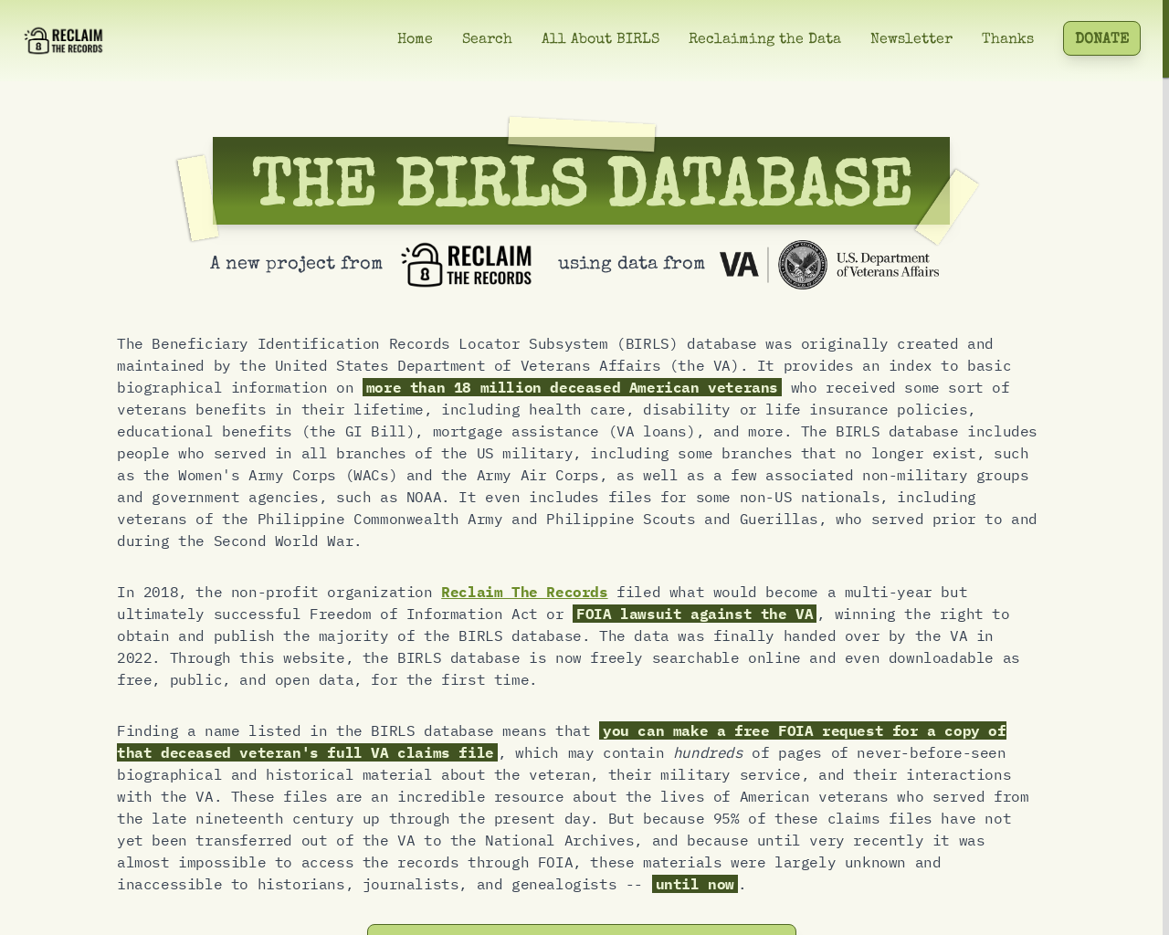 Show HN: 新しい検索エンジンと、ウェブを介してファックスでの無料FOIAを利用した米国退役軍人記録のサービス - プロジェクトのスクリーンショット