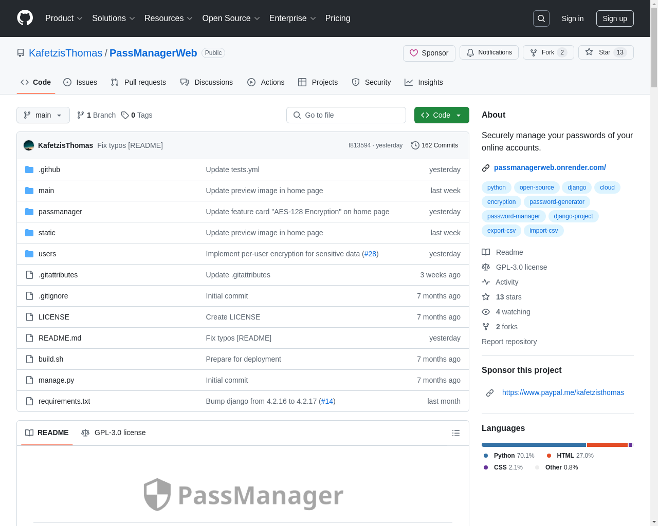 Show HN: PassManagerWeb – Djangoで書かれたパスワードマネージャー - プロジェクトのスクリーンショット