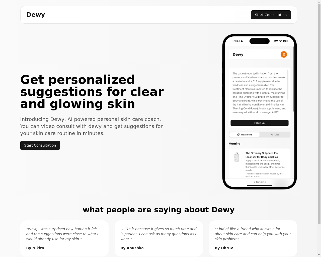 Show HN: Dewy – AI powered skin care consultation - Project Screenshot