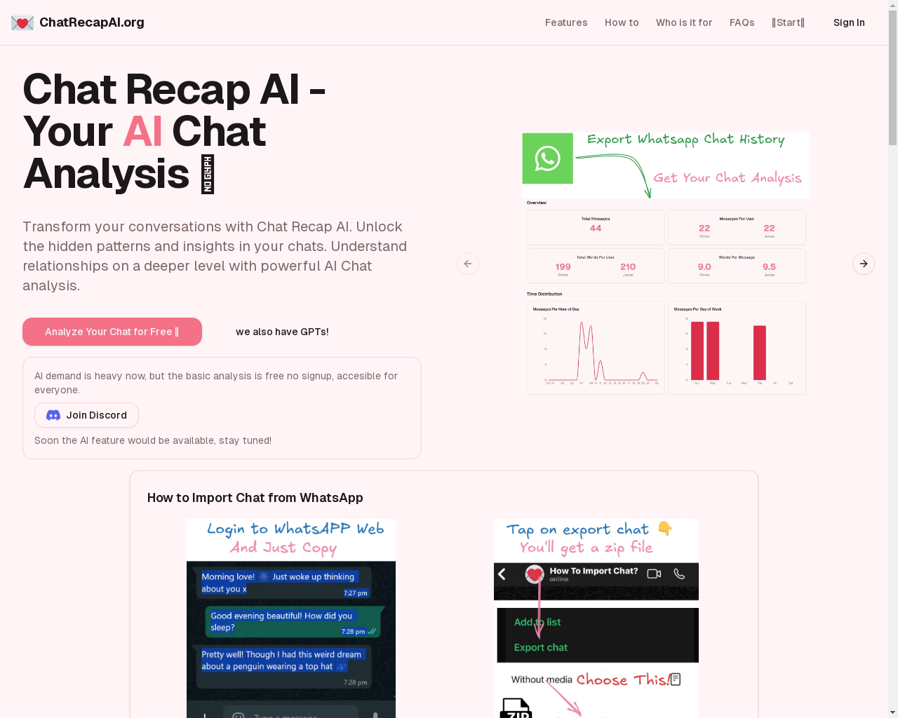 Show HN: Chat Recap AI, AI Relationship Tips by Analyzing WhatsApp Chat History - Project Screenshot