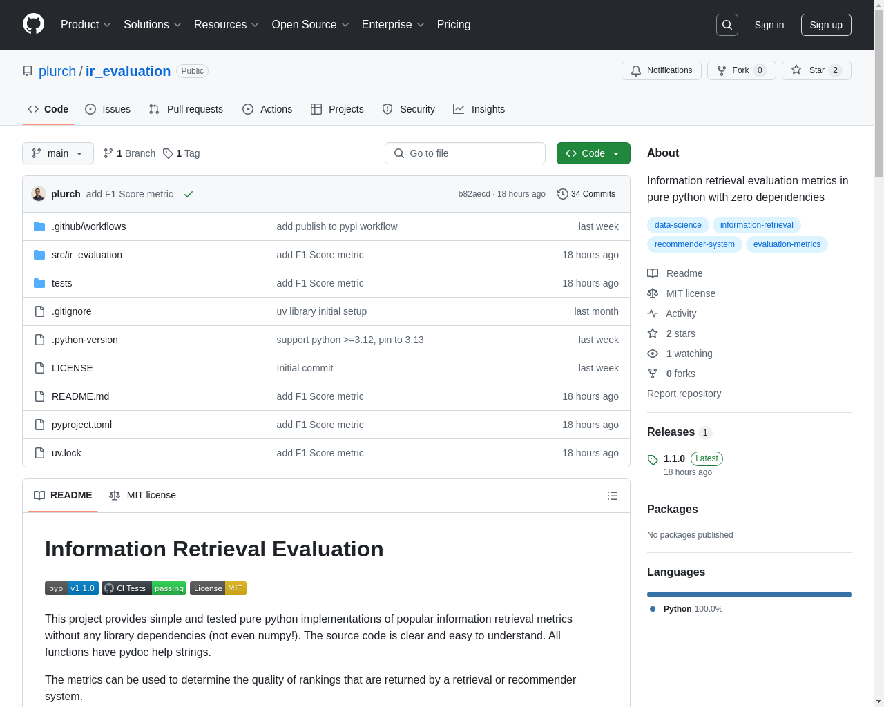 Show HN: IR_evaluation – Information retrieval evaluation metrics in pure Python - Project Screenshot