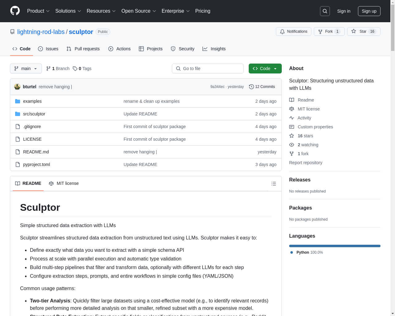 Show HN: Sculptor – LLM構造データ抽出のためのPythonライブラリ（MIT） - プロジェクトのスクリーンショット