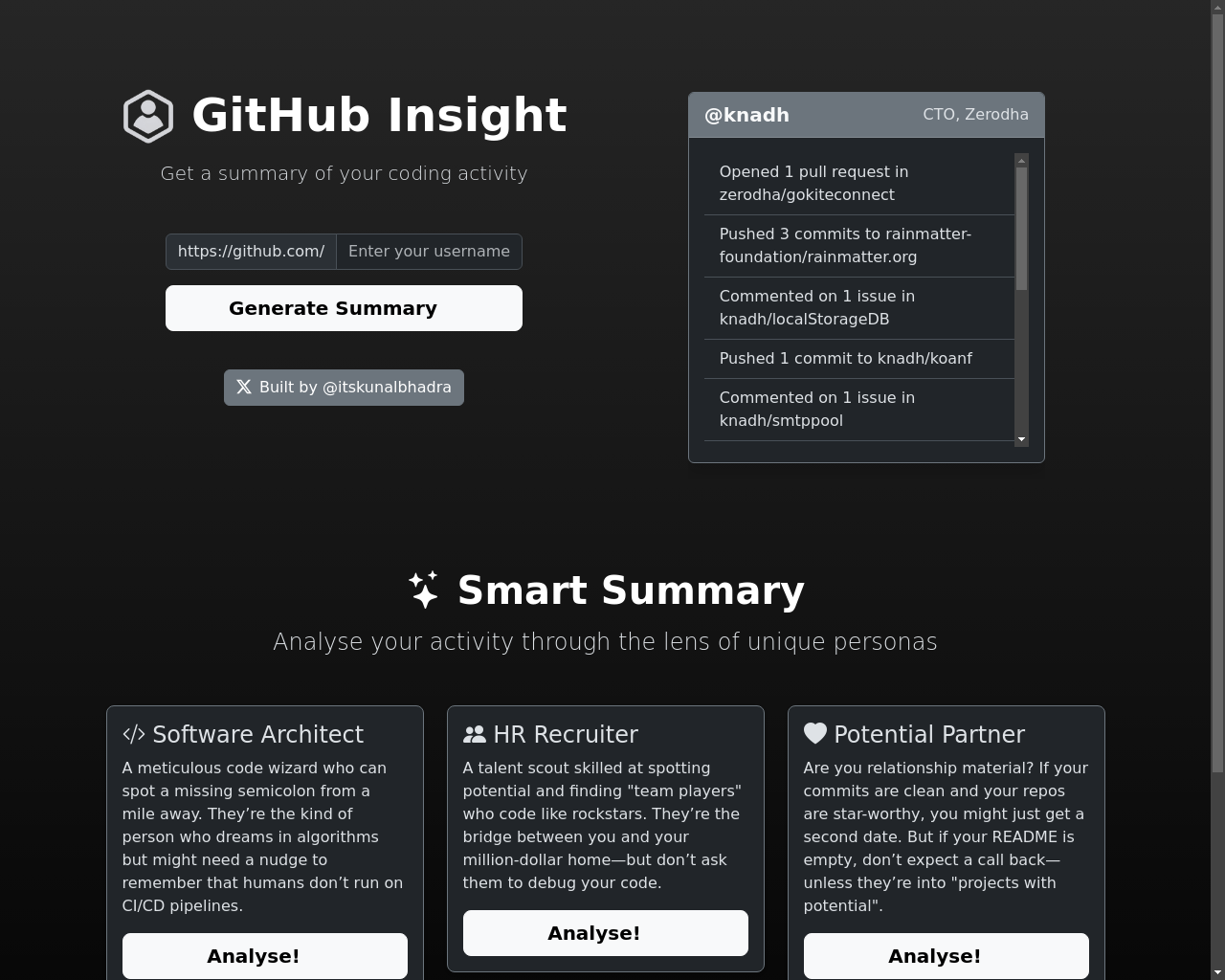 Show HN: GitInsight – GitHubのクイック統計とAIによるひねり - プロジェクトのスクリーンショット