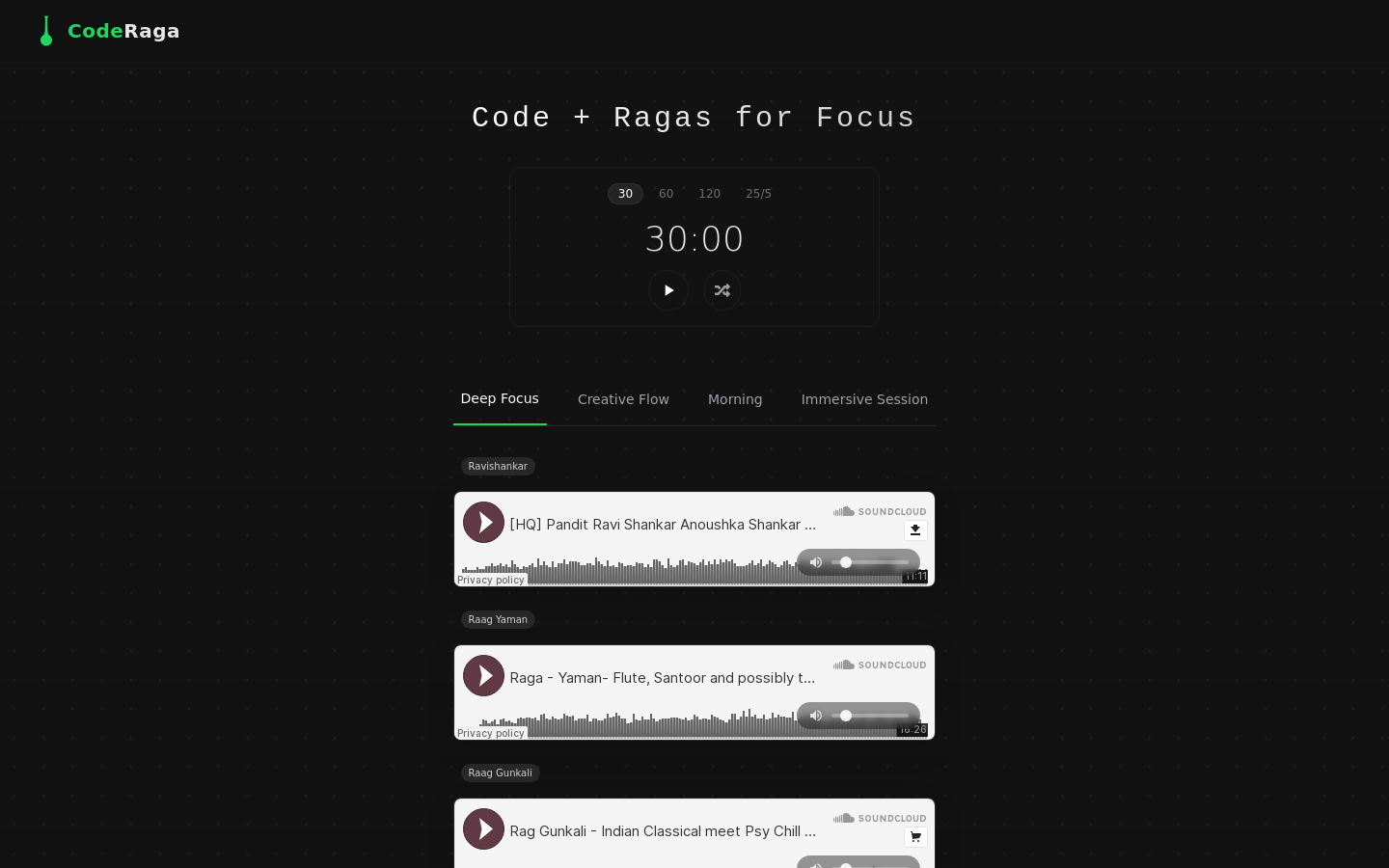 Show HN: CodeRaga – Flow State for Developers Through Indian Classical Music - Project Screenshot