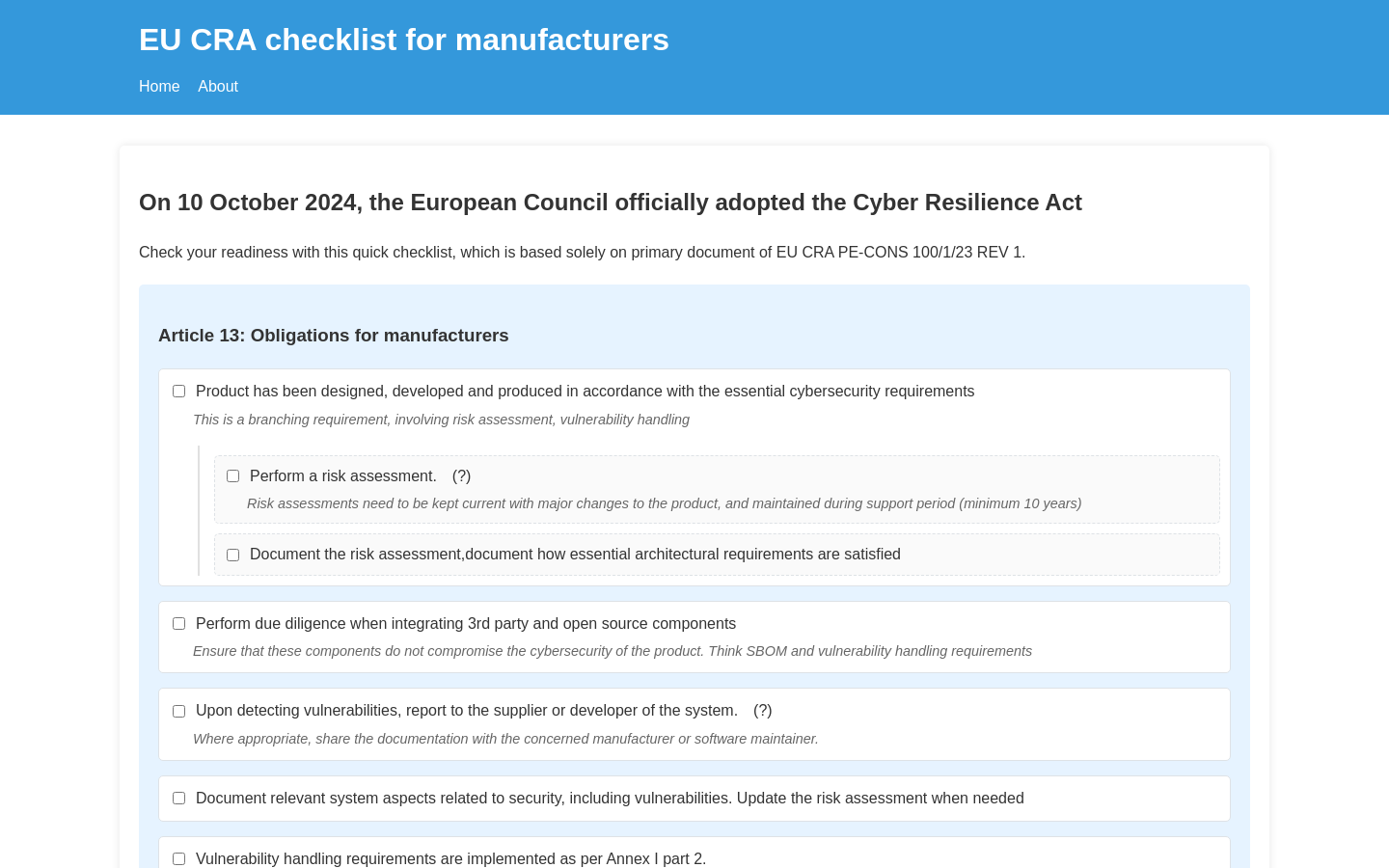 Show HN: Resilience Checklist – itemized list of EU CRA - Project Screenshot