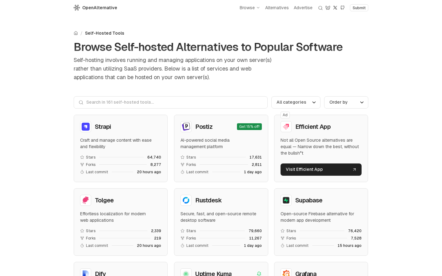 Show HN: A collection of 150 self-hosted alternatives to popular software - Project Screenshot