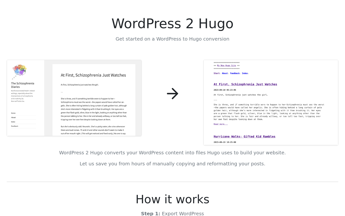 Show HN: WordPressブログをHugoに変換するサービスを作成しました。 - プロジェクトのスクリーンショット