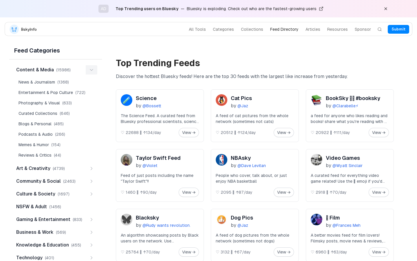 Show HN: I organized Bluesky feeds by categories and growth rankings - Project Screenshot