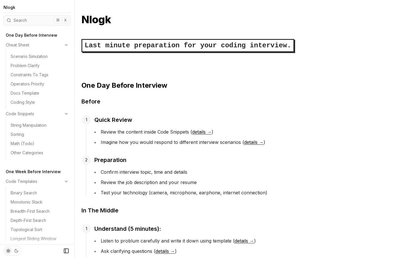 Show HN: Nlogk: Last minute preparation for your coding interview - Project Screenshot