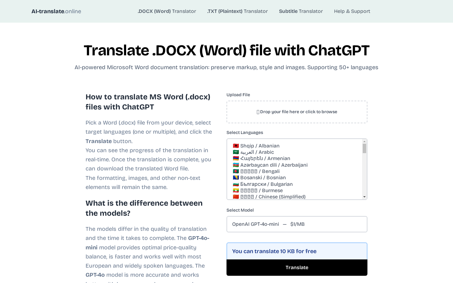 Show HN: Translate MS Word Documents with ChatGPT keeping formatting and images - Project Screenshot