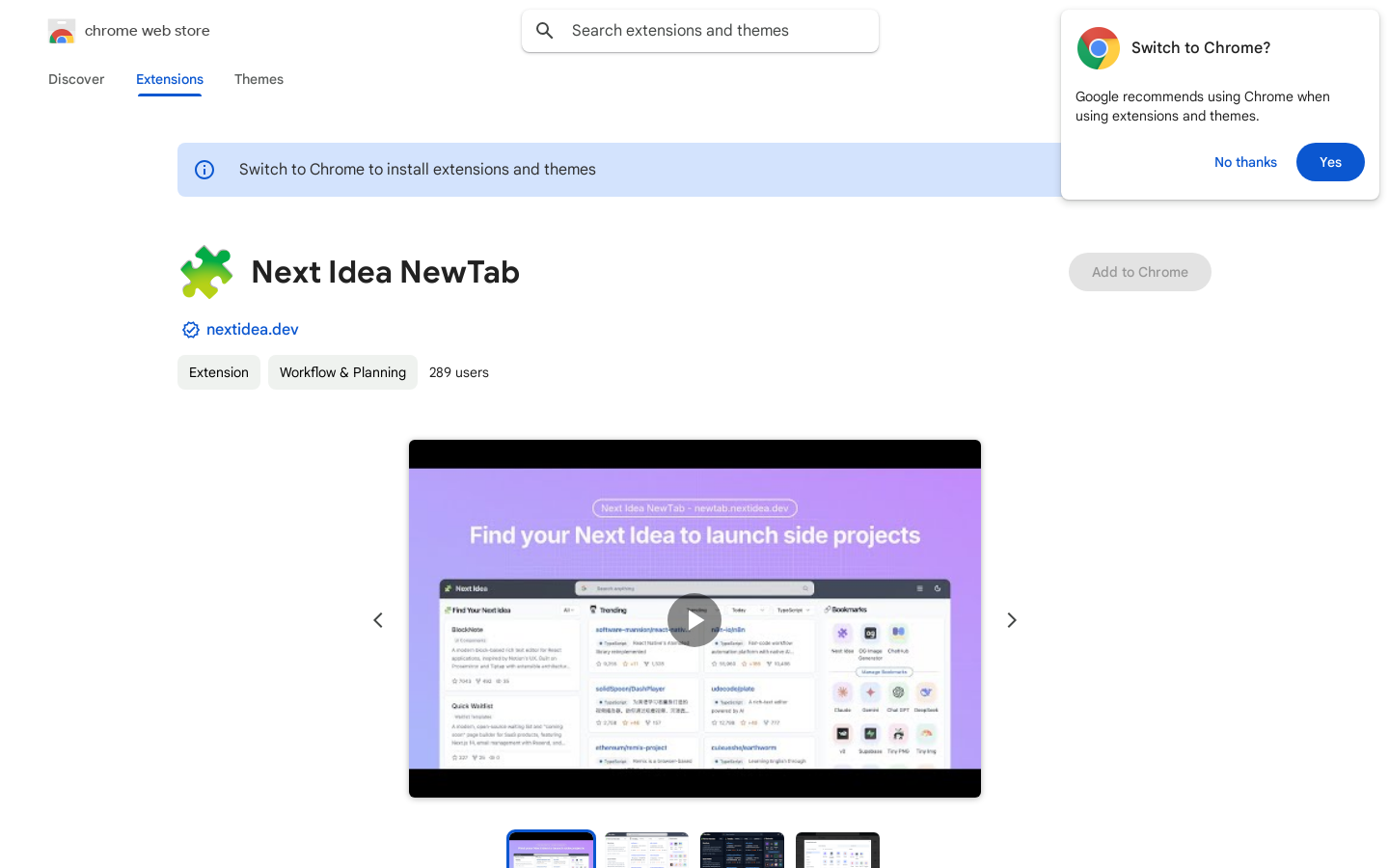 Show HN: Next Idea NewTab – A dev's new tab with project ideas and bookmarks - Project Screenshot