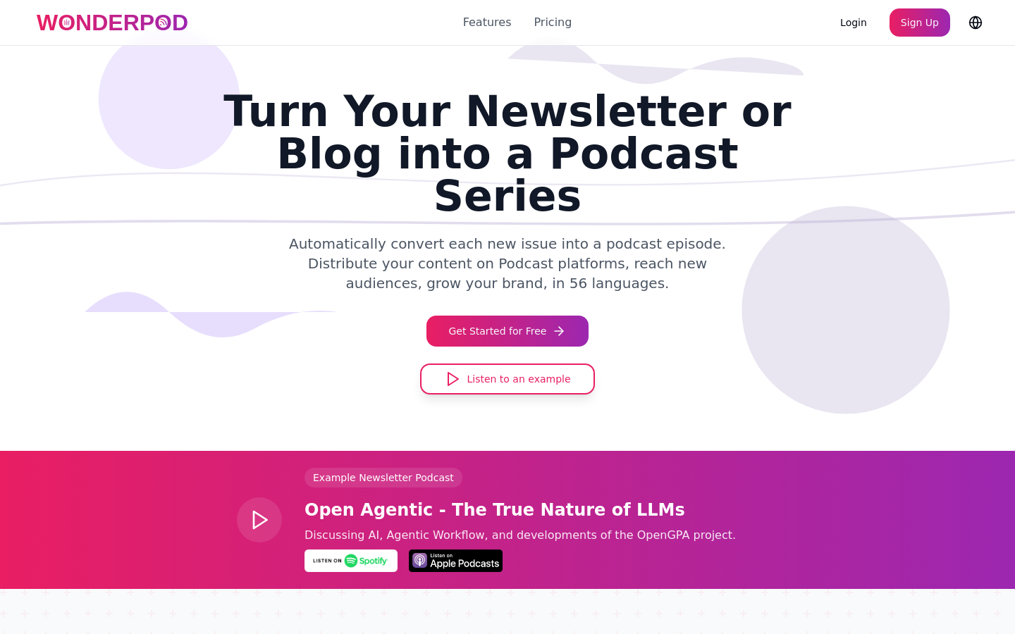 Show HN: Wonderpod – Turn newsletters/blogs into podcasts in 56 languages - Project Screenshot