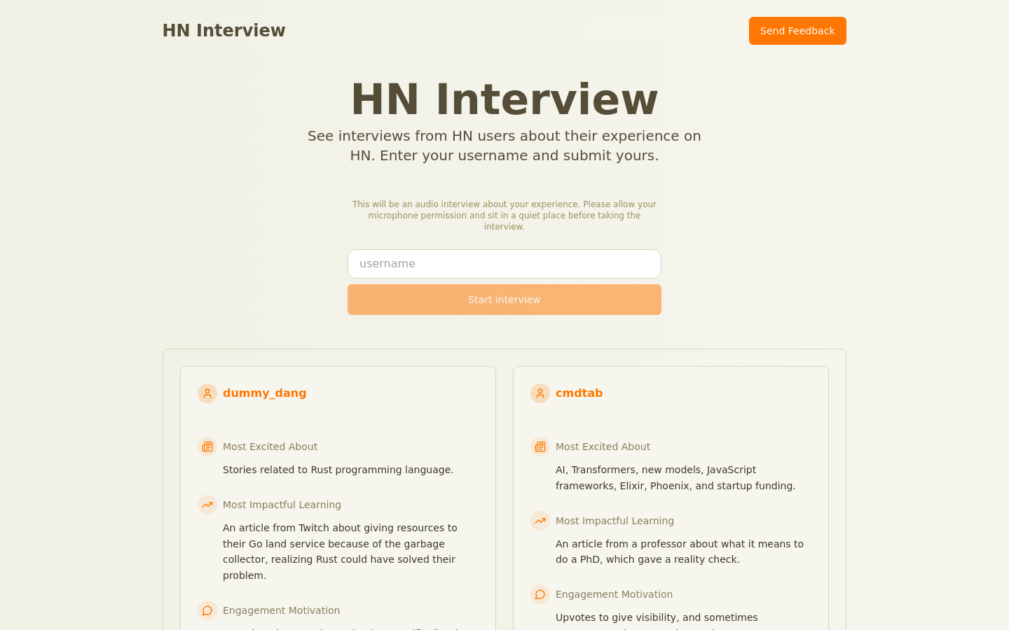 Show HN: Interviews from Hacker News Users - Project Screenshot