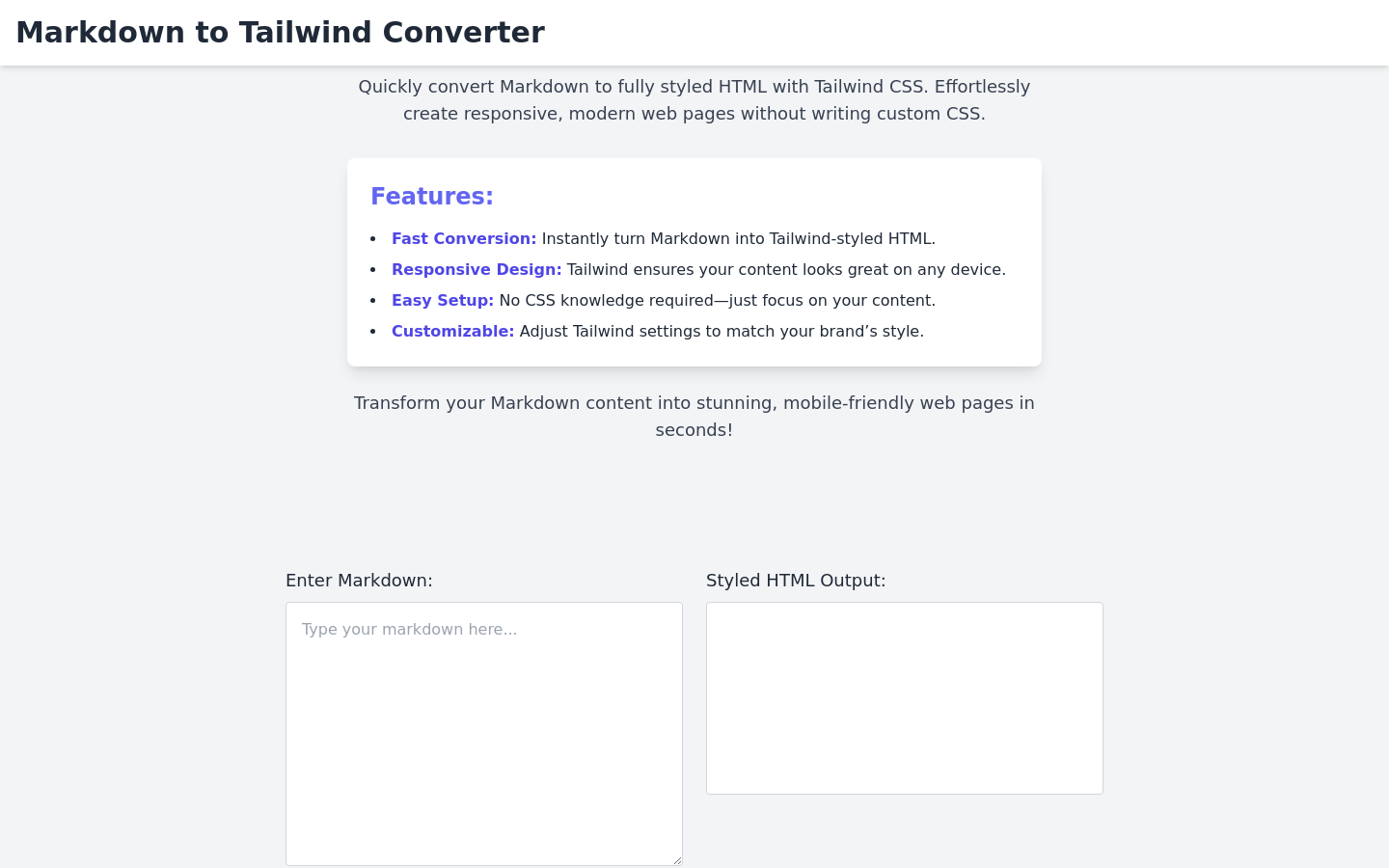 Show HN: I built a online tool to convert Markdown to Tailwind - Project Screenshot