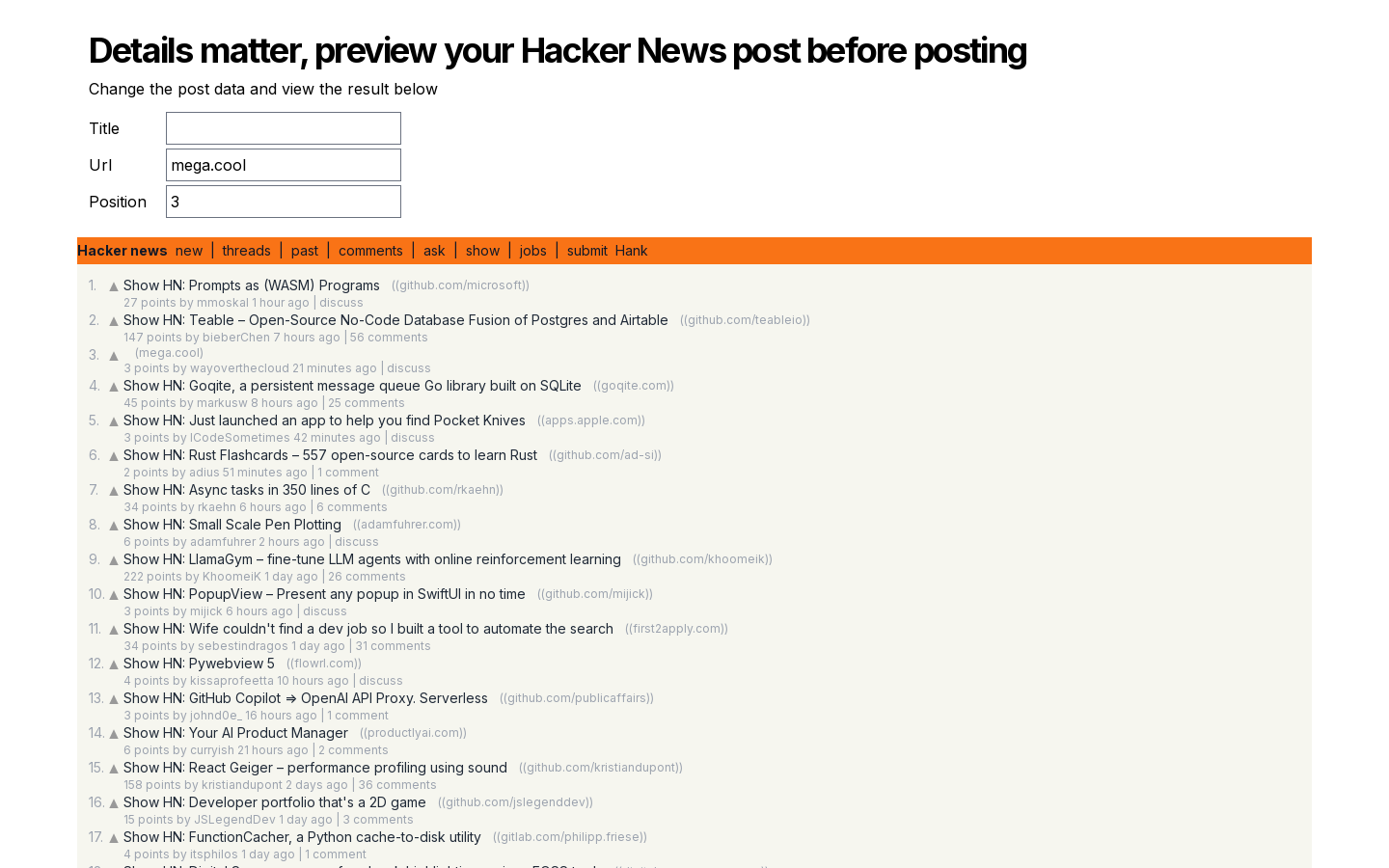 Show HN: 投稿する前にHacker Newsの投稿をプレビューしてください。 - プロジェクトのスクリーンショット