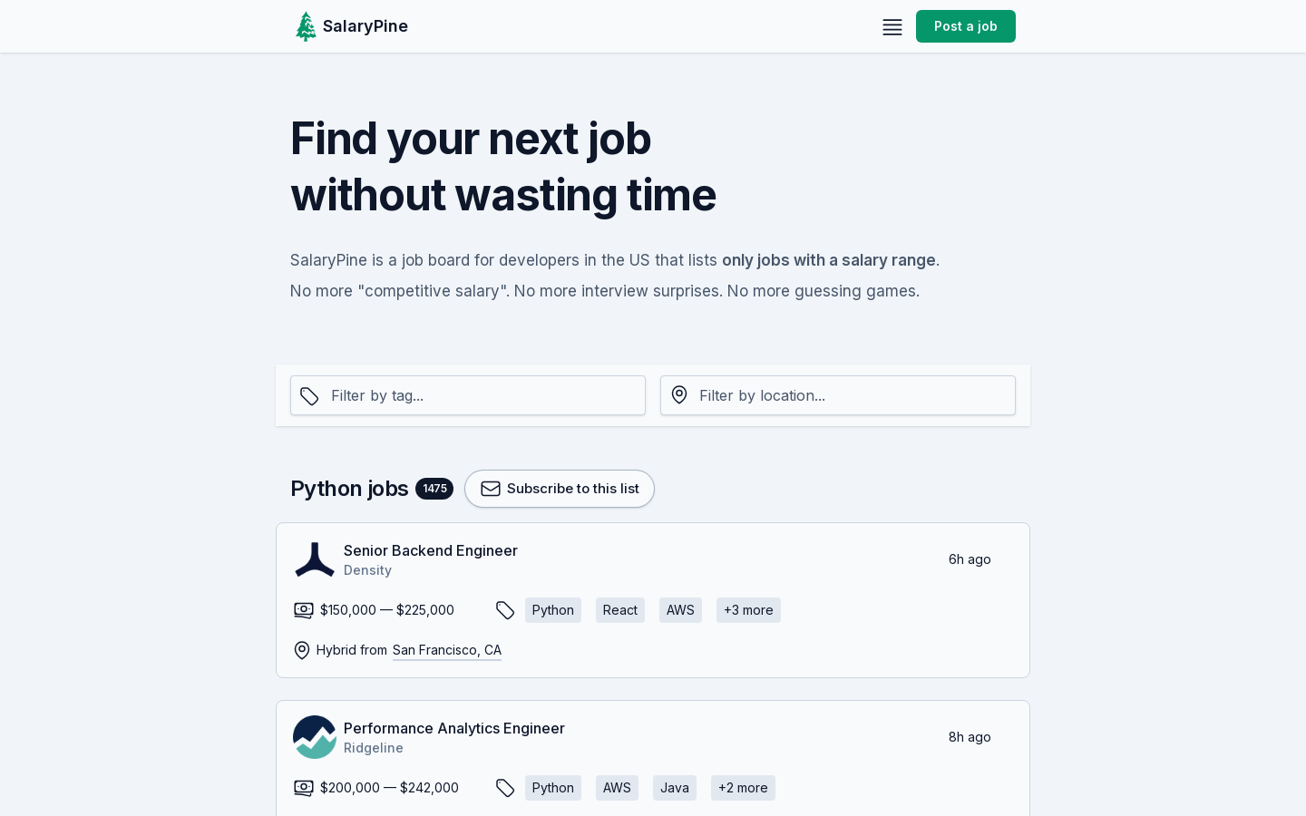 Show HN: SalaryPine – A job board where 100% of the jobs have salary ranges - Project Screenshot