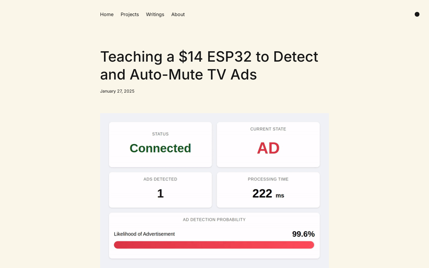 Show HN: Teaching a $14 ESP32 to Detect and Auto-Mute TV Ads - Project Screenshot